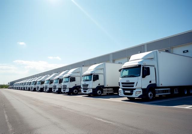 Fleet of white trucks lined up at a loading dock