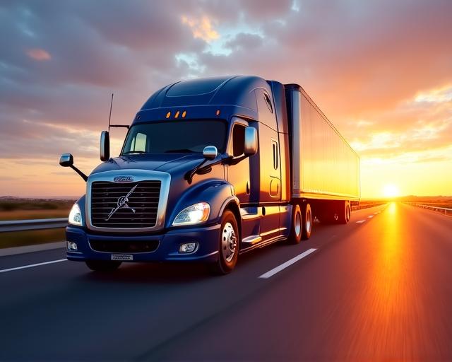 Modern logistics semi-truck on a sunset highway