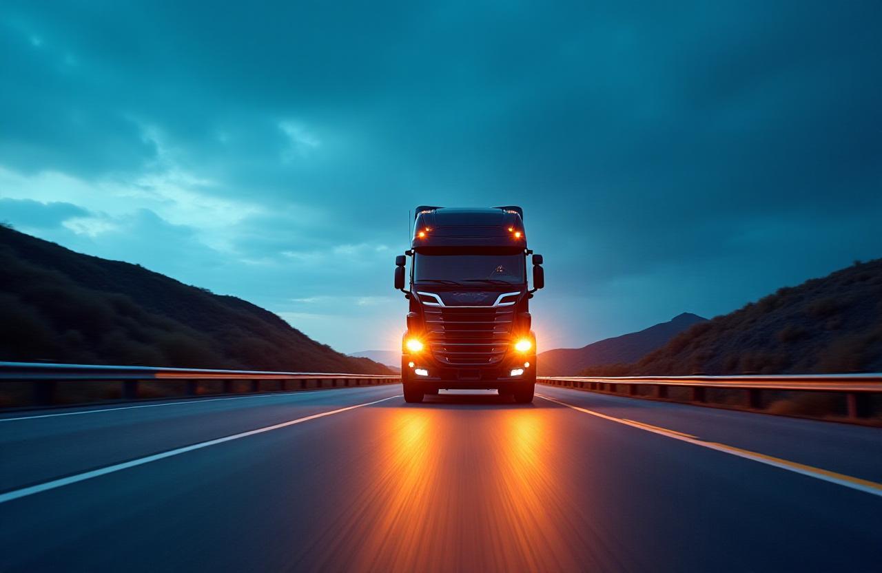 Heavy duty logistics truck on a highway at dusk