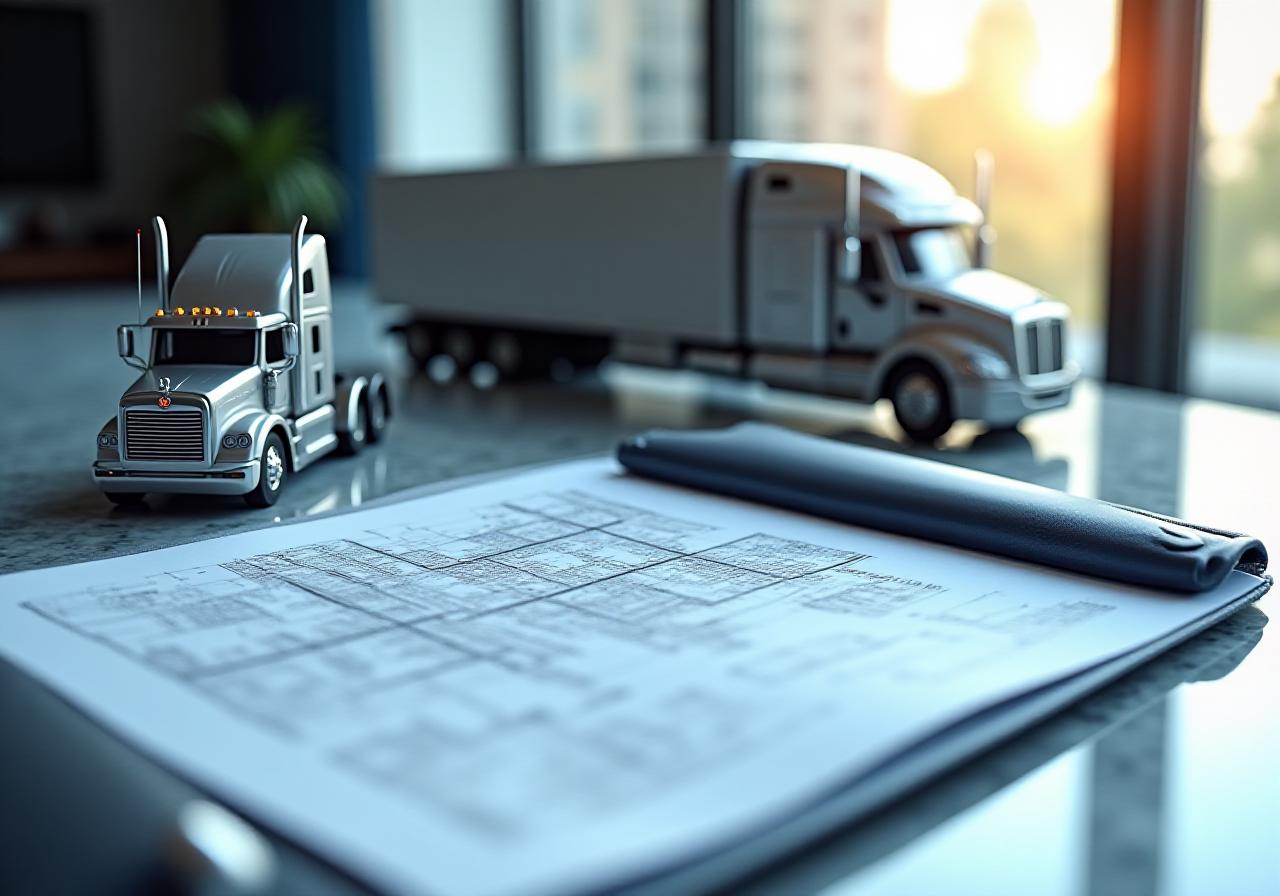 Logistics documents and scale model truck representing legal transportation framework